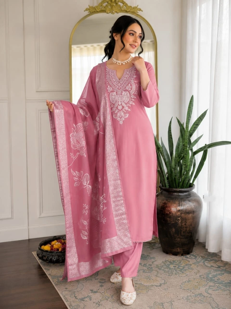 Cotton Embroidered Dupatta Set with Chanderi Floral Dupatta